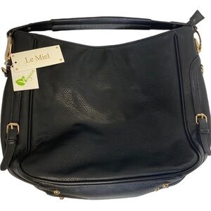 Le Miel NWT 100% Black Vegan Purse Handbag Large Tote Laptop